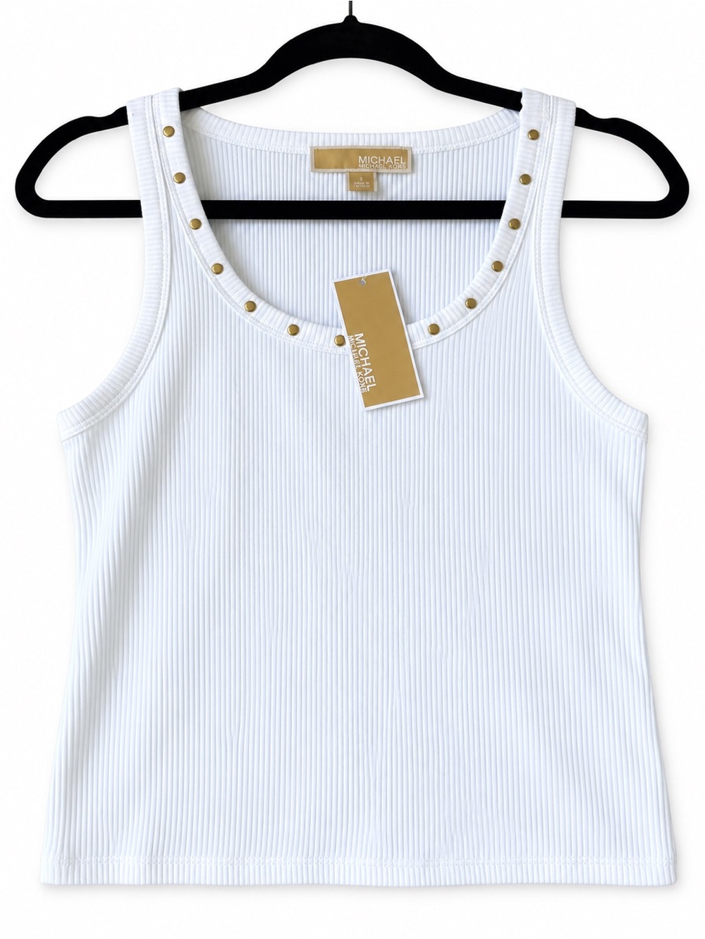 Michael Kors White Ribbed Tank Top with Gold Stud Trim